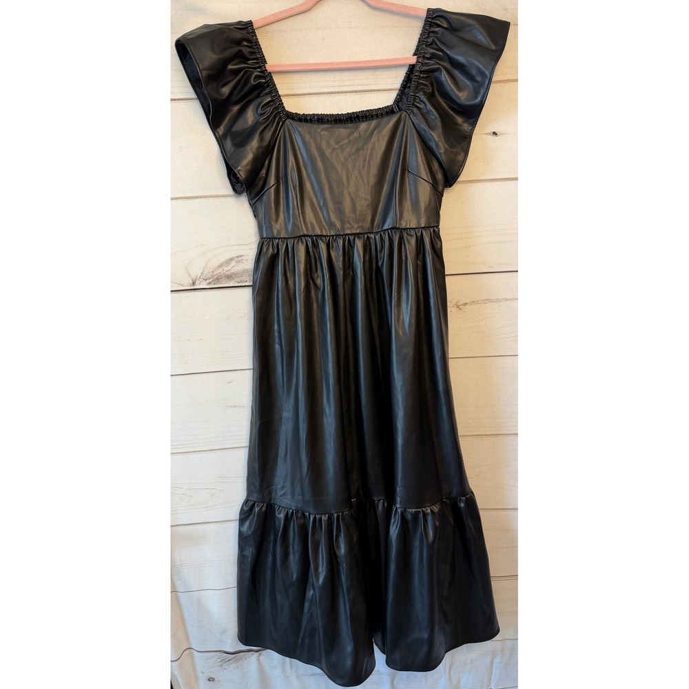 Olivia James The Label Black Faux Leather Ruffle Sleeve Smocked Midi Dress M